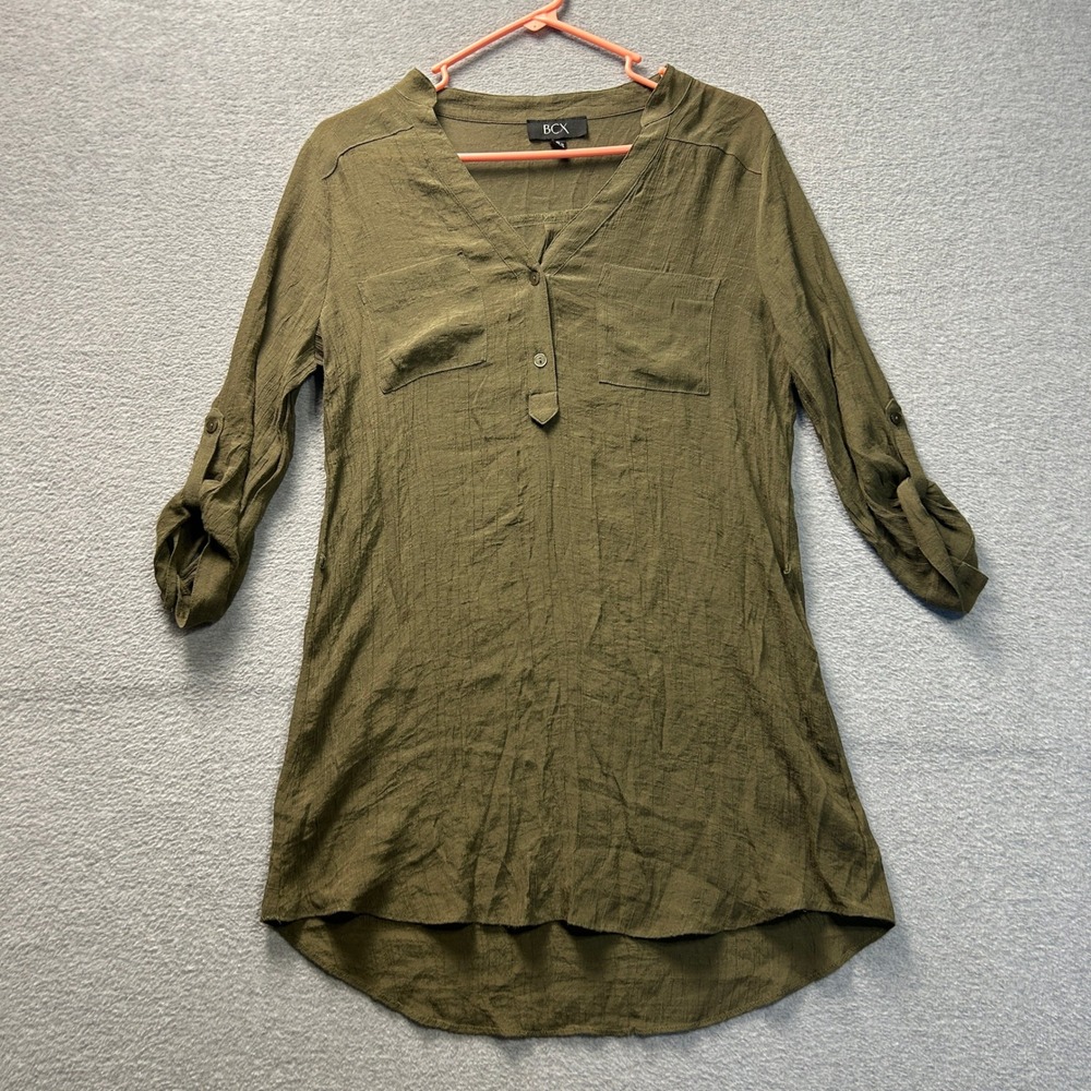 BCX Shirt Dress Womens Large‎ Olive Green High Low Roll Tab Sleeve Utility Tunic